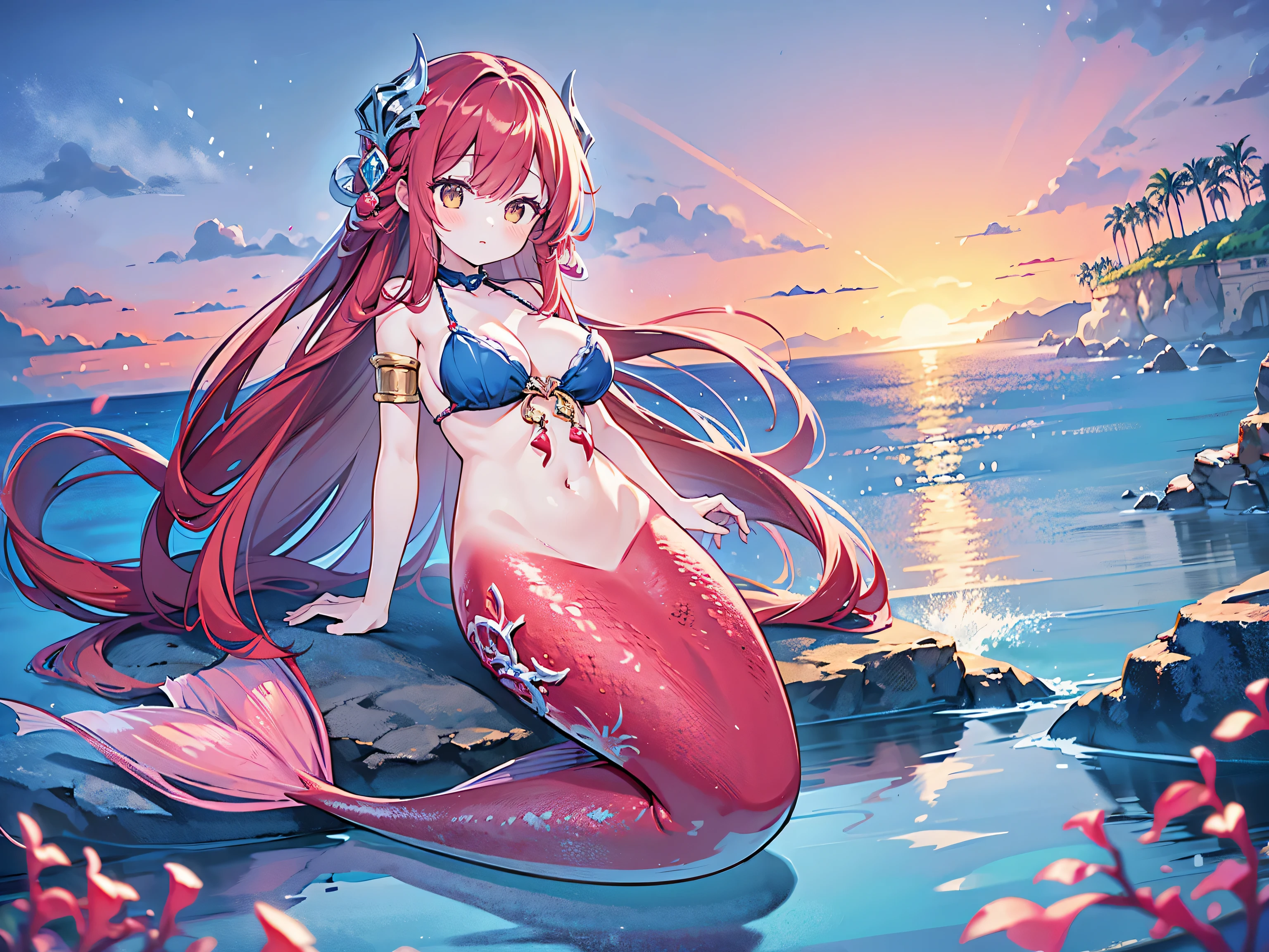 masterpiece, best quality,a girl,big breasts,Mermaid,red mermaid tail,full-body shot,beach,sea view,charming face(kawaii, charming,soft)