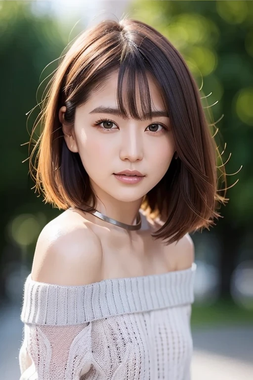 beautiful japanese woman、1 person,very pretty and slim、outstanding style 、((8K image、super high quality))、very delicate face, skin and hair、short hair、straggling hair,(((((gradient hair、silver hair))))),Very cute Japanese cut face、Eyes and nose are clearly visible、kind eyes,(((off shoulder sweater、simple background、looking at the viewer)))、full body shot