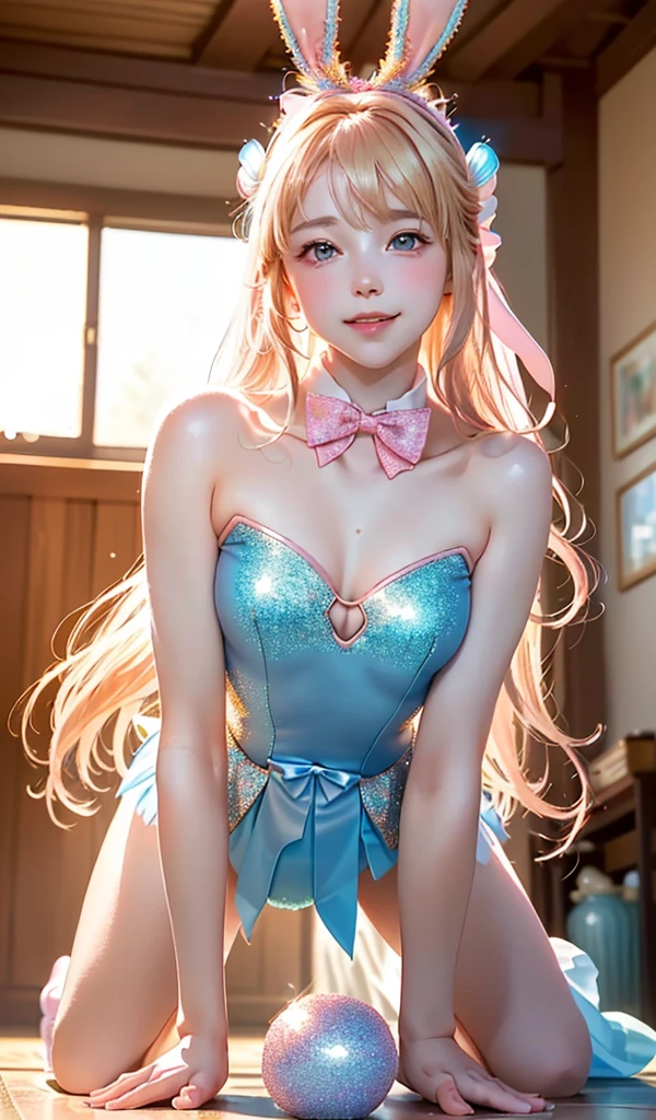masterpiece, best quality, extremely detailed CG unity 8k wallpaper, (Upper Body head close-up shot of a beautiful little girl), Wendy, Elegant Long straight blonde hair, (Mckenna Grace), ((flat chest,thighs)), ((pink-blue)) golden ((Glittering tutu,long Bunny Ear Headgear, , Bow-tie, )), ((Kneel,all fours,from below)), (Blush), oil skin, (seductive smile), (Wonderland), pretty face, key art, award winning, intricate detail realism hdr, by (ruan jia and artgerm and range murata), Photorealism, Hyperrealism, ultra realistic, dramatic light, intense shadows, gorgeous view, depth of field