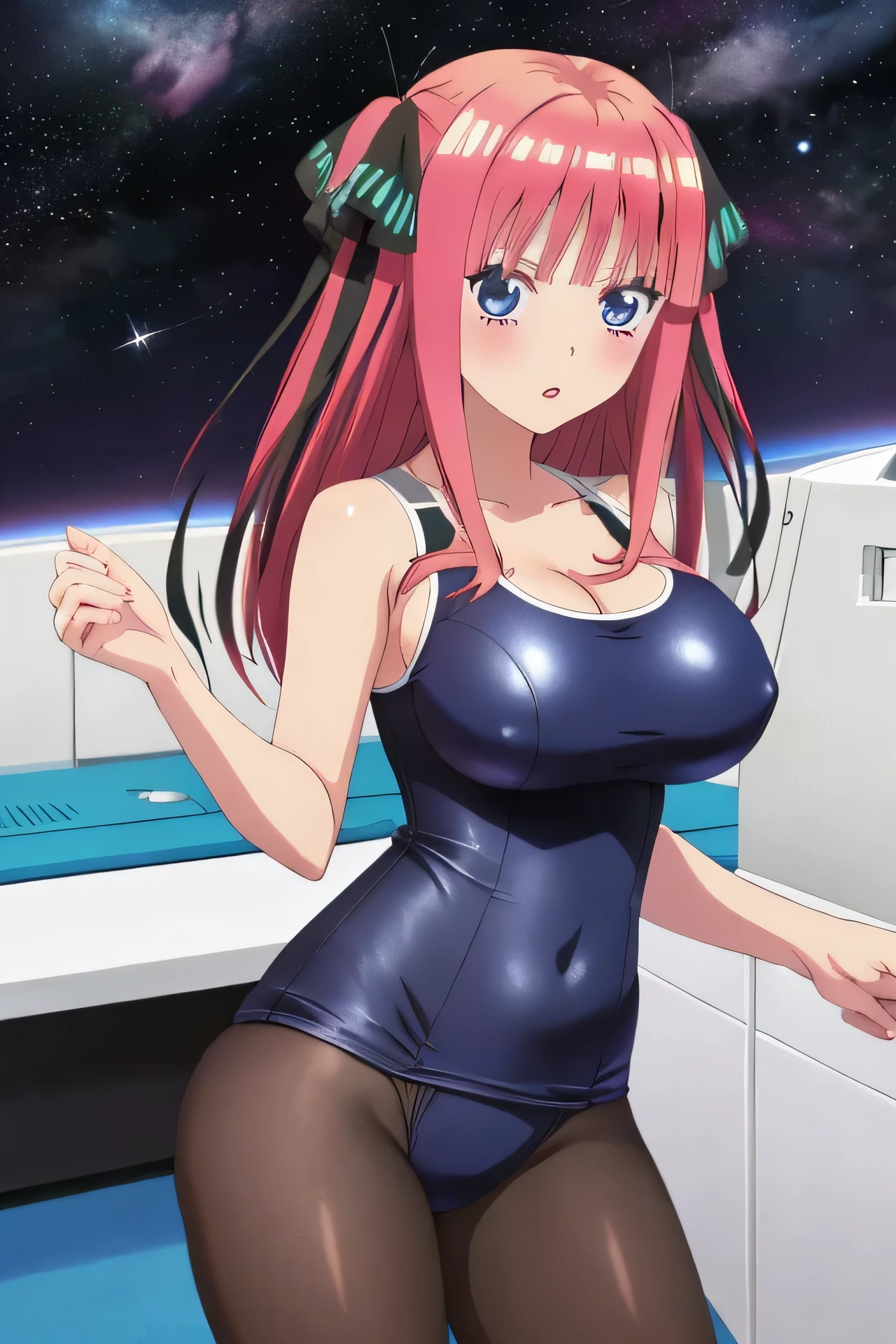 best quality, ultra-detailed masterpiece, anime art style, cute characters, nino nakano, one-piece swimsuit, large breasts, pantyhose, space station