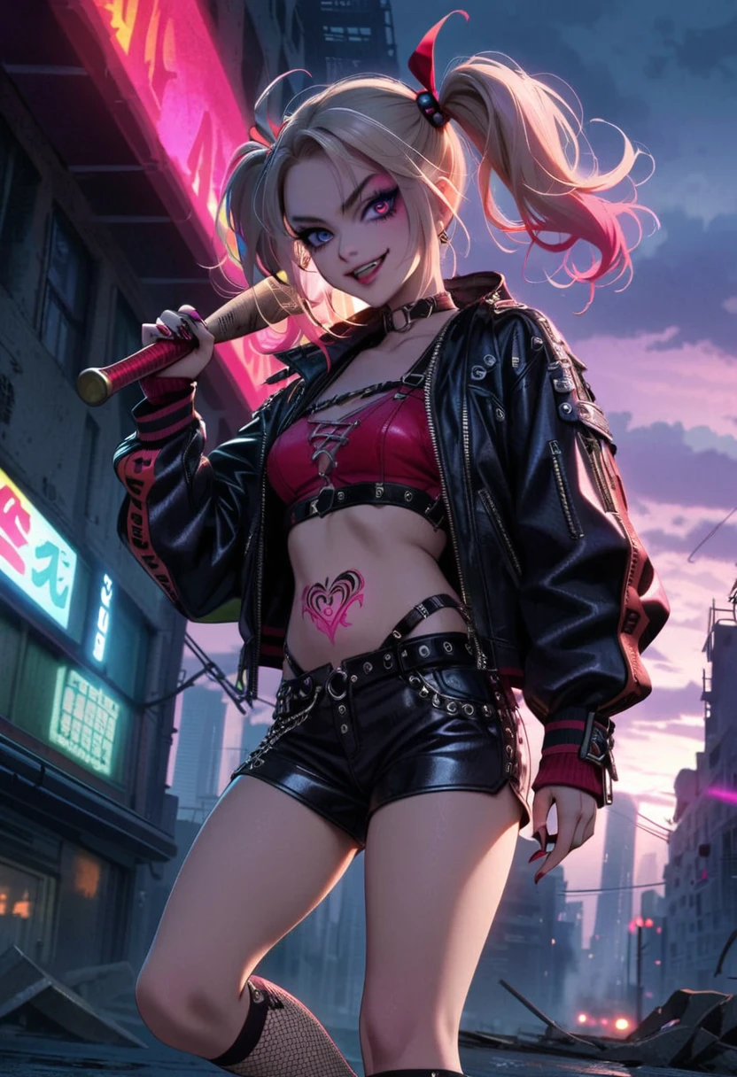 (medium:cartoon),Harley Quinn standing on the roof of a city building,Dark and dramatic atmosphere,focus blur,city skyline in background,Dark clouds gather overhead,Vibrant and contrasting colors,ominous lighting,Red and black embellishments,Eye makeup smudge,Weird and naughty expression,Smiling threateningly,holding baseball bat,Abandoned buildings,wind blown hair,Leather jacket and shorts,Fishnet socks,Colorful double ponytail,Belly button tattoo,Punk fashion,The air is filled with secrets and mysteries.