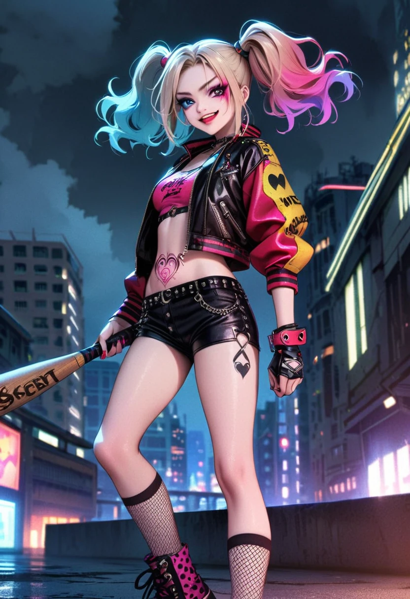 (medium：cartoon),Harley Quinn standing on the roof of a city building,Dark and dramatic atmosphere,focus blur,city skyline in background,Dark clouds gather overhead,Vibrant and contrasting colors,ominous lighting,Red and black embellishments,Eye makeup smudge,Weird and naughty expression,Smiling threateningly,holding baseball bat,Abandoned buildings,wind blown hair,Leather jacket and shorts,Fishnet socks,Colorful double ponytail,Belly button tattoo,Punk fashion,The air is filled with secrets and mysteries.