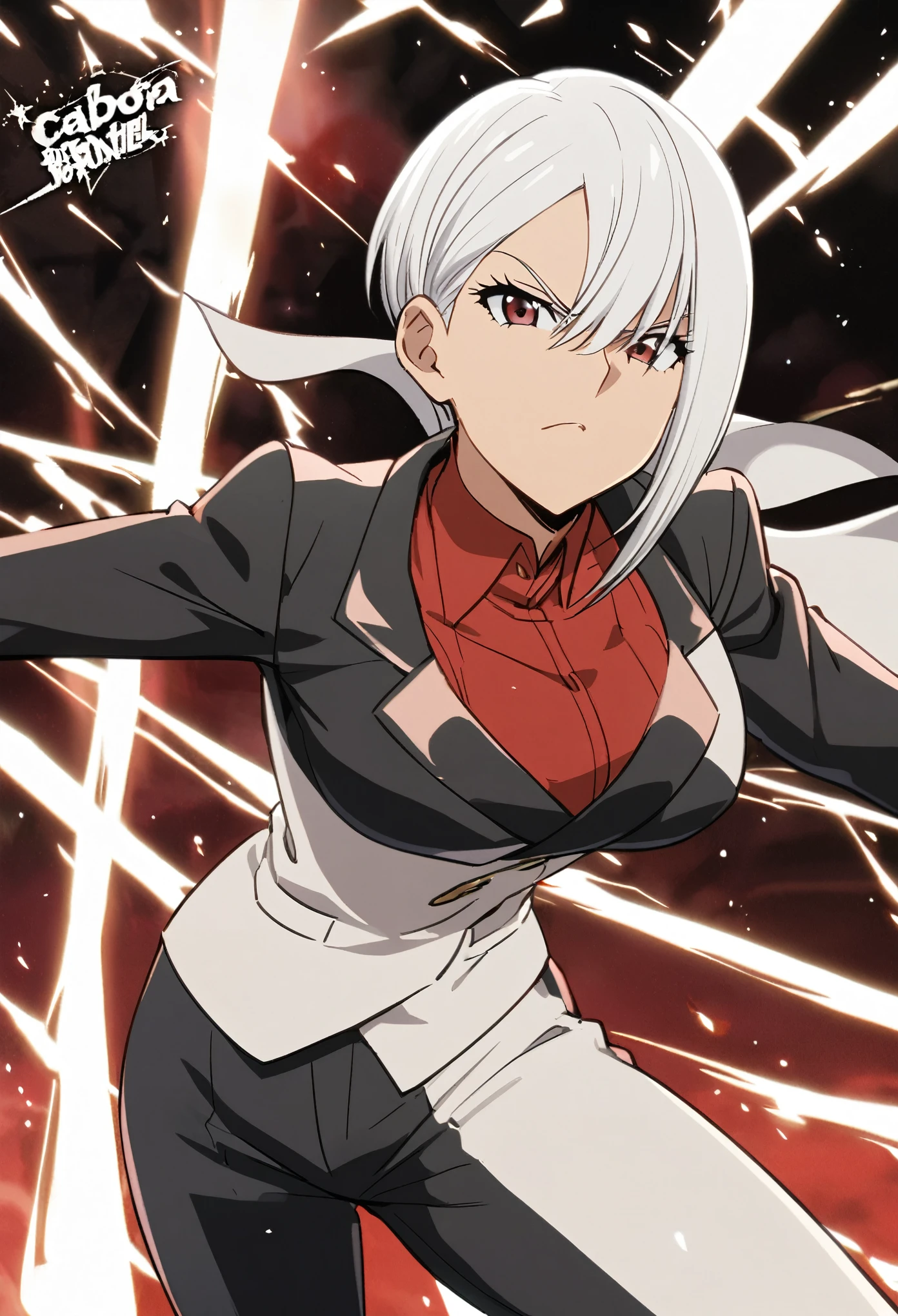 garota de anime pose de costa, cabelo branco, white and black jacket written Mιᥣkᥲ