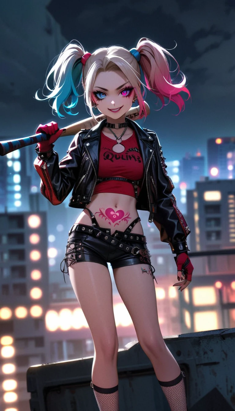 (medium：cartoon),Harley Quinn standing on the roof of a city building,Dark and dramatic atmosphere,focus blur,city skyline in background,Dark clouds gather overhead,Vibrant and contrasting colors,ominous lighting,Red and black embellishments,Eye makeup smudge,Weird and naughty expression,Smiling threateningly,holding baseball bat,Abandoned buildings,wind blown hair,Leather jacket and shorts,Fishnet socks,Colorful double ponytail,Belly button tattoo,Punk fashion,The air is filled with secrets and mysteries.