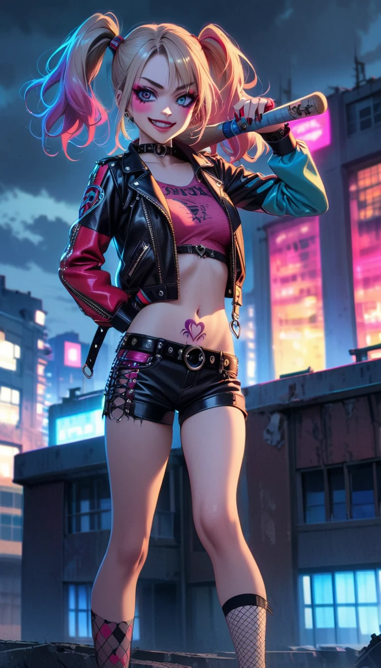 (medium：cartoon),Harley Quinn standing on the roof of a city building,Dark and dramatic atmosphere,focus blur,city skyline in background,Dark clouds gather overhead,Vibrant and contrasting colors,ominous lighting,Red and black embellishments,Eye makeup smudge,Weird and naughty expression,Smiling threateningly,holding baseball bat,Abandoned buildings,wind blown hair,Leather jacket and shorts,Fishnet socks,Colorful double ponytail,Belly button tattoo,Punk fashion,The air is filled with secrets and mysteries.