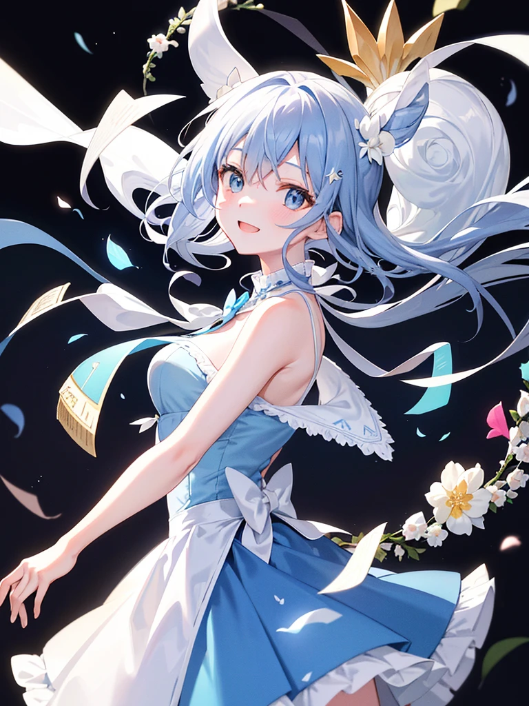 (White background:1.4)，(Nature Illustration Summer Festival:1.3，paper art:1.3, Quilted Paper Art:1.2),( Reasonable design, Clear lines, High Sharpness,Best Quality, Very detailed, masutepiece, Movie Light Effects, 4K )(Petals of various colors:1.0)、Lots of celebrations fluttering、the wind、Background with、birthday cake、celebration costume、doress、Light blue dress、Gray hair at the base、Garrant、happy birthday、full body Esbian、A delightful、Happy smile、kirakira、Delicious looking cake