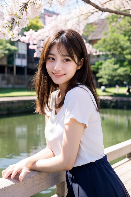 1 girl, (wearing a white blouse:1.2), (Raw photo, highest quality), (realistic, Photoreal:1.4), table top, very delicate and beautiful, very detailed, 2k wallpaper, wonderful, finely, very detailed CG Unity 8k wallpaper, Super detailed, High resolution, soft light, beautiful detailed girl, very detailed目と顔, beautifully detailed nose, detailed and beautiful eyes, cinematic lighting, City in the daytime under blue sky, perfect anatomy, slender body, smile、smile showing teeth、neat blouse、mini skirt、Japanese cute idol、19age、ｅcup bust、The background is cherry blossoms on the riverbank、Inokashira Park