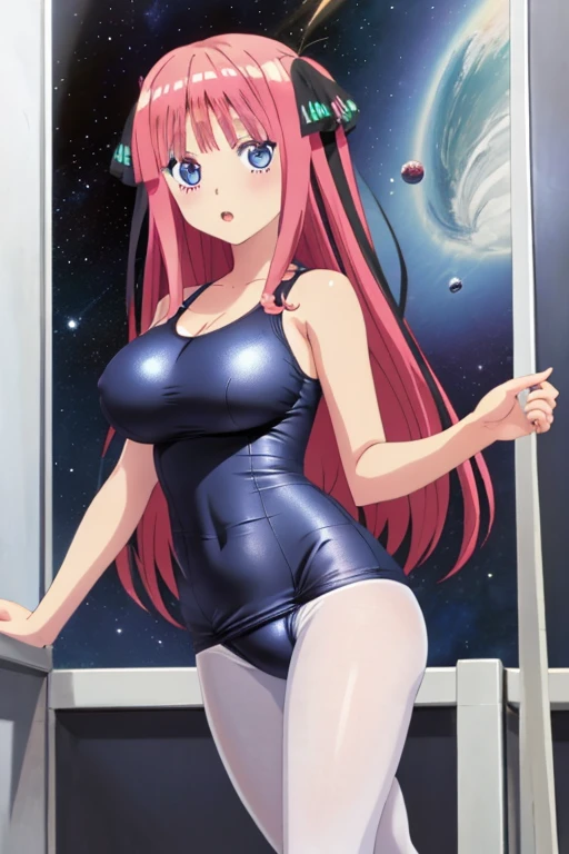 best quality, ultra-detailed masterpiece, anime art style, cute characters, nino nakano, one-piece swimsuit, large breasts, pantyhose, space station