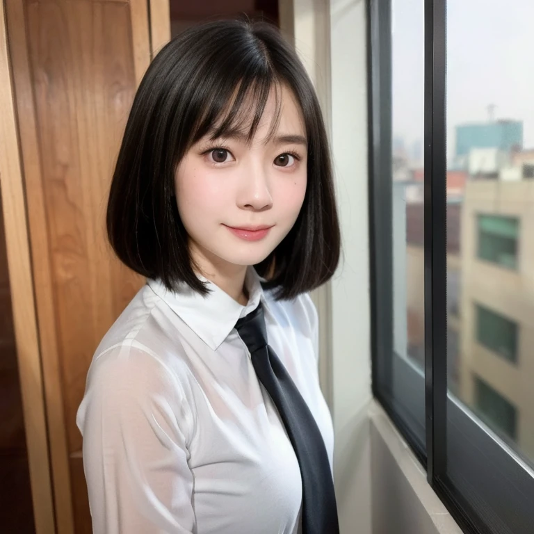 (kawaii 24 year-old Japanese girl, Nogizaka idol, Korean idol), (glossy black hair, pixie cut:1.3), (rounded face, single eyelid, no makeup, soft smiling:1.2), forehead, (wearing longsleeved collared shirt, necktie:1.3), (well shaped extra small breasts), (looking at viewer:1.2), BREAK, (office background, standing by the window:1.3), (dynamic angle, face focus:1.3), BREAK, (masterpiece, best quality, photo realistic, official art:1.4), (UHD, 8K quality wallpaper, high resolution, raw photo, film grain:1.2), (shiny skin), professional lighting, physically based rendering, award winning, (perfect anatomy, highly detailed skin textures, extremely detailed face and eyes, well drawn glittering pupils), Carl Zeiss 85 mm F/1.4, depth of field, 1girl, solo,
