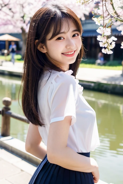 1 girl, (wearing a white blouse:1.2), (Raw photo, highest quality), (realistic, Photoreal:1.4), table top, very delicate and beautiful, very detailed, 2k wallpaper, wonderful, finely, very detailed CG Unity 8k wallpaper, Super detailed, High resolution, soft light, beautiful detailed girl, very detailed目と顔, beautifully detailed nose, detailed and beautiful eyes, cinematic lighting, City in the daytime under blue sky, perfect anatomy, slender body, smile、smile showing teeth、neat blouse、mini skirt、Japanese cute idol、19age、ecup bust、The background is cherry blossoms on the riverbank、Inokashira Park