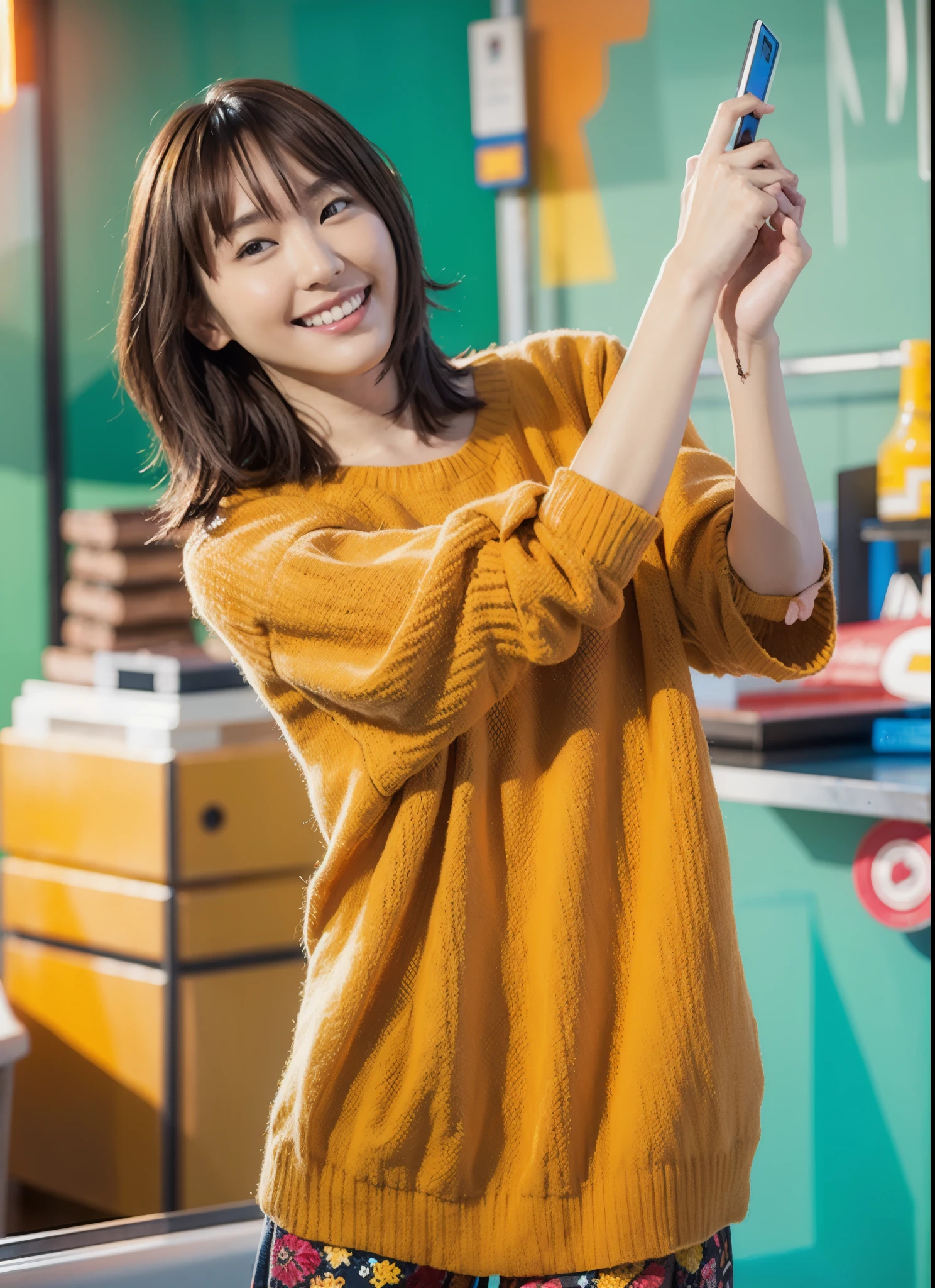 There is a woman holding a mobile phone, advertising image, Shin Min-jung, nano girl, sun yunjoo, Vibrant and dynamic, Lee Ji Eun, Lee Ji Eun, Red color v neck sweater:1.3, Tsubasa Nakai&#39;s style, aoshima chiho, advertising photo, sung by janice, nishimiya shouko, Nam Jae Young, promotional art, (((medium hair, straight hair, brown hair))), smile、nsfw