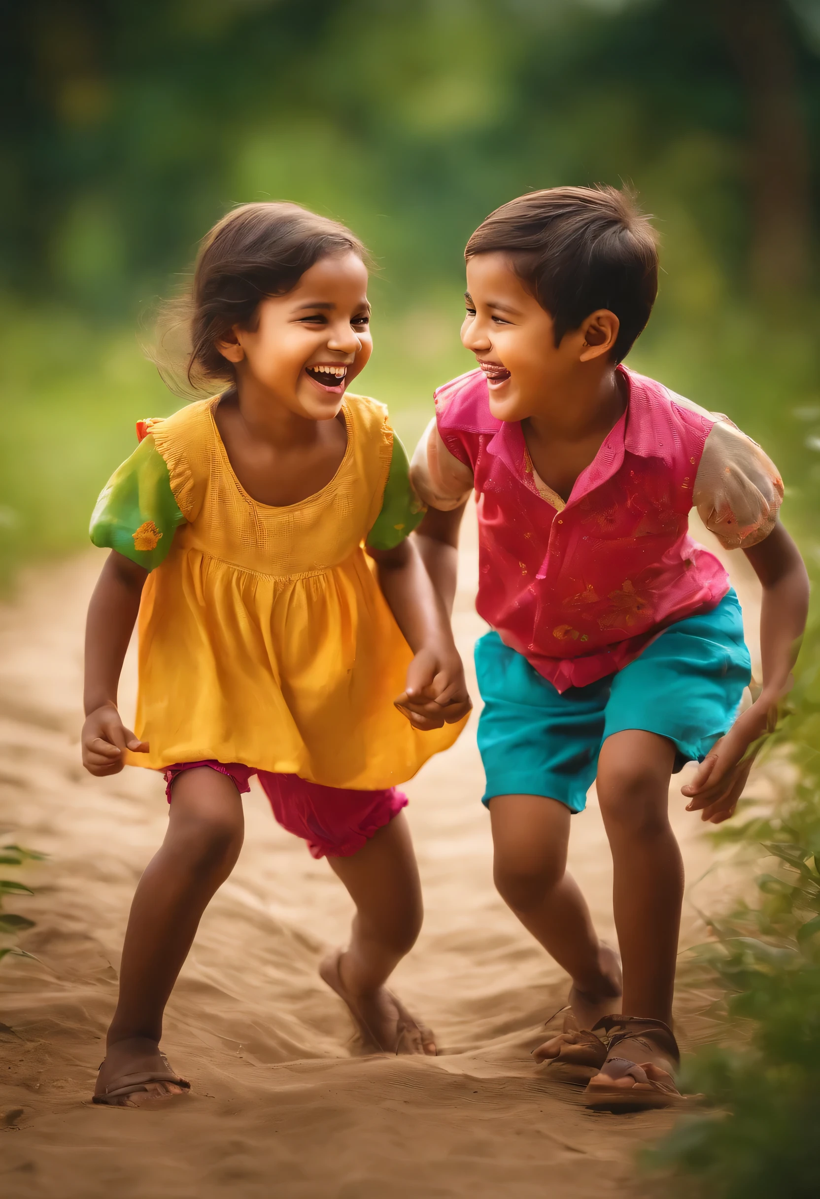 Design a simple and pleasant scene of two children laughing and playing in a natural environment, they are smiling at each other in colorful and energetic clothes and playing cheerfully.. The image should show the feeling of friendship and purity and reflect the childish purity and youthfulness in their faces and movements..