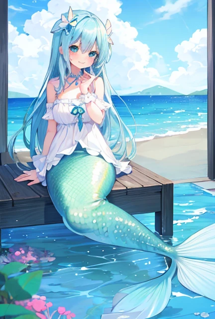 beautiful illustrations, highest quality, pretty girl, seaside、 pastel colour ,blue hair, green eyes、between legs、smile、blush、hands behind、mermaid、Fish fin
