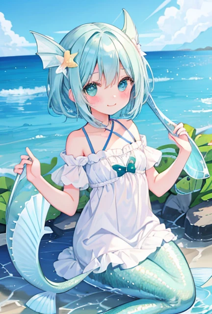 beautiful illustrations, highest quality, pretty girl, seaside、 pastel colour ,blue hair, green eyes、between legs、smile、blush、hands behind、mermaid、Fish fin