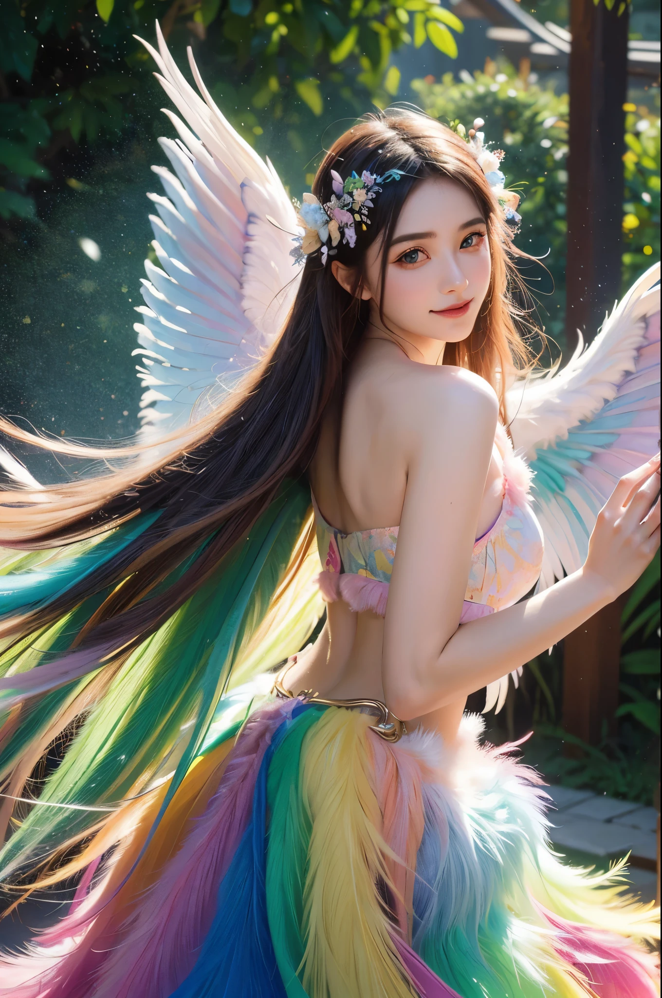 1girl, 23 years old, standing regal with open hands, symmetrical and fractal, multi-color pastel long hair, colorful (1.2), lies in a bird's nest and hatches (1.2), perfect face, sexy linagerie, oil smooth skin,  kinky and sexy smile, looking at the viewer, fairy wings, Big fairy wings, multi color pastel feather wings, fairy vibe , background of mystic realm and magic, the particles of magic light with multi color , wind forming particles in seamless fractal pattern, warm light, epic scene , HDR+, extreme detailed ,Nikon D850, masterpiece, devianart, photo-real painting