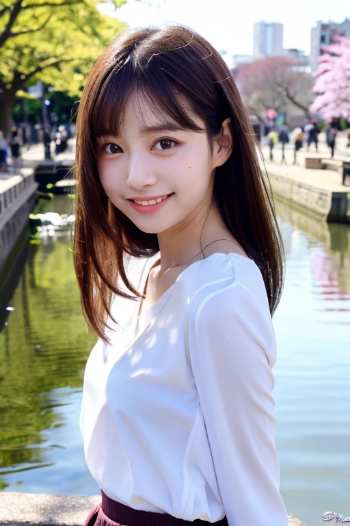 1 girl, (wearing a white blouse:1.2), (Raw photo, highest quality), (realistic, Photoreal:1.4), table top, very delicate and beautiful, very detailed, 2k wallpaper, wonderful, finely, very detailed CG Unity 8k wallpaper, Super detailed, High resolution, soft light, beautiful detailed girl, very detailed目と顔, beautifully detailed nose, detailed and beautiful eyes, cinematic lighting, City in the daytime under blue sky, perfect anatomy, slender body, smile、smile showing teeth、neat blouse、mini skirt、Japanese cute idol、19age、ecup bust、The background is cherry blossoms on the riverbank、Inokashira Park