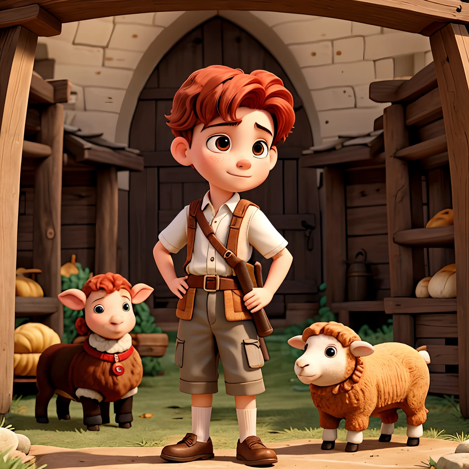 Young boy 13 years old, short red hair, wearing sheep Shepherd outfit, standing in front of a giant, boy holding a slingahot, biblical style