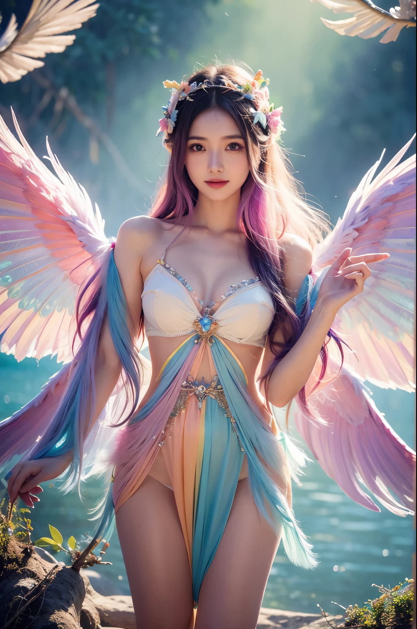 1girl, 23 years old, standing regal with open hands, symmetrical and fractal, multi-color pastel long hair, colorful (1.2), lies in a bird's nest and hatches (1.2), perfect face, sexy linagerie, oil smooth skin, kinky and sexy smile, looking at the viewer, fairy wings, Big fairy wings, multi color pastel feather wings, fairy vibe , background of mystic realm and magic, the particles of magic light with multi color , wind forming particles in seamless fractal pattern, warm light, epic scene , HDR+, extreme detailed ,Nikon D850, masterpiece, devianart, photo-real painting