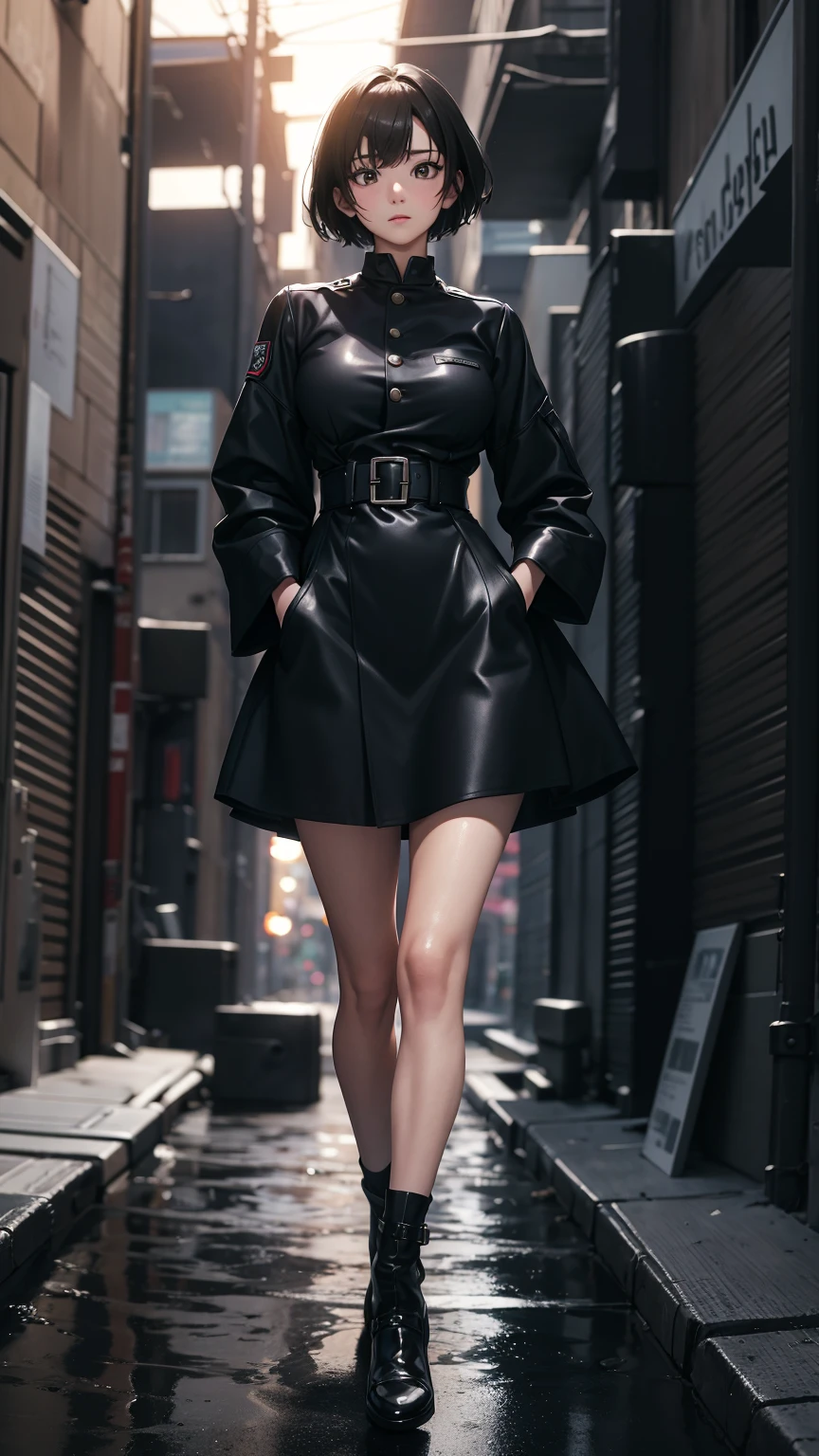 ((Highly detailed CG unit 8k wallpaper, masterpiece, High resolution, highest quality, highest qualityのリアルテクスチャスキン)), (Hands in pockets pose:1.5, fashion pose:1.2, A cool NY fashion girl influenced by nostalgic and inorganic mode fashion., detailed costume:1.4, Military jacket and high waist maxi skirt combination:1.3, Asymmetrical short hair, Nana Komatsu), (blurred background, An empty back alley in New York),, hyper realistic, digital painting, concept art,