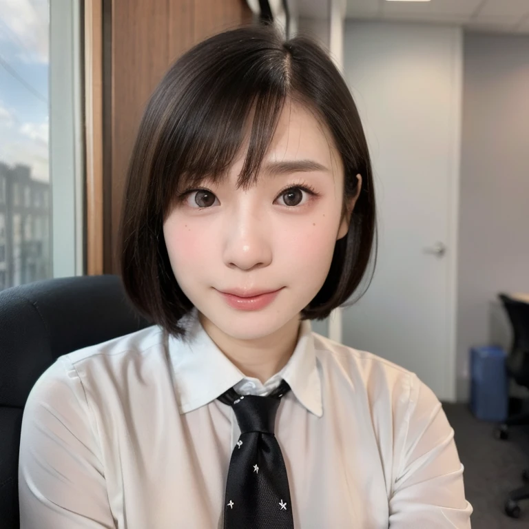 (kawaii 24 year-old Japanese girl, Nogizaka idol, Korean idol), (glossy black hair, pixie cut:1.3), (rounded face, single eyelid, no makeup, soft smiling:1.2), forehead, (wearing longsleeved collared shirt, necktie:1.3), (well shaped extra small breasts), (looking at viewer:1.2), BREAK, (office background, standing by the window:1.3), (dynamic angle, face focus:1.3), BREAK, (masterpiece, best quality, photo realistic, official art:1.4), (UHD, 8K quality wallpaper, high resolution, raw photo, film grain:1.2), (shiny skin), professional lighting, physically based rendering, award winning, (perfect anatomy, highly detailed skin textures, extremely detailed face and eyes, well drawn glittering pupils), Carl Zeiss 85 mm F/1.4, depth of field, 1girl, solo,