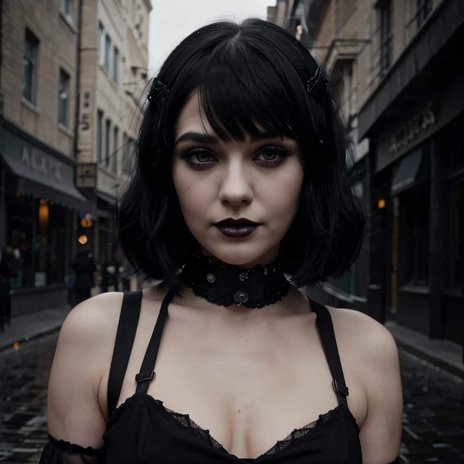 noir, 1920s, goth dress, goth girl, dark streets, raining, trad goth makeup, white, black hair, bangs, black lipstick, magic, pretty, beautiful, young