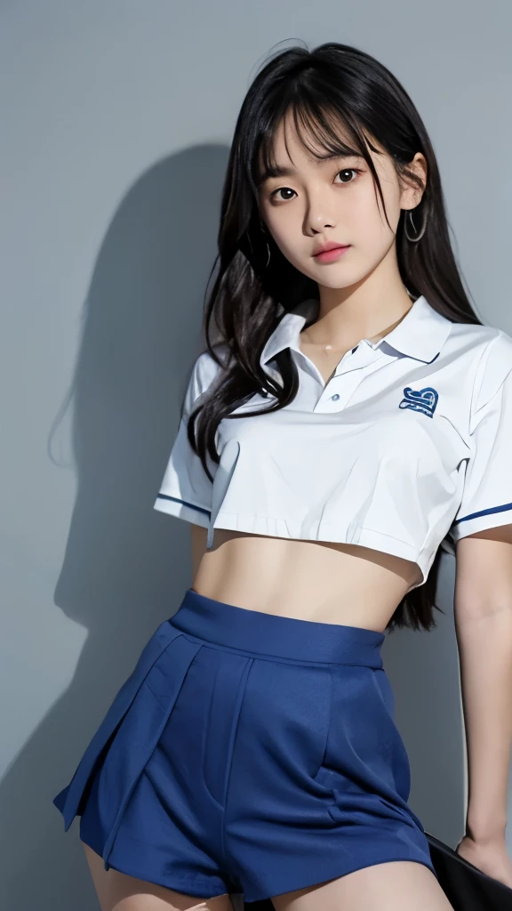 a girl，asian face，small ，，Wearing school uniform sportswear and sports shorts，Lift the top，Leaking out the entire abdomen