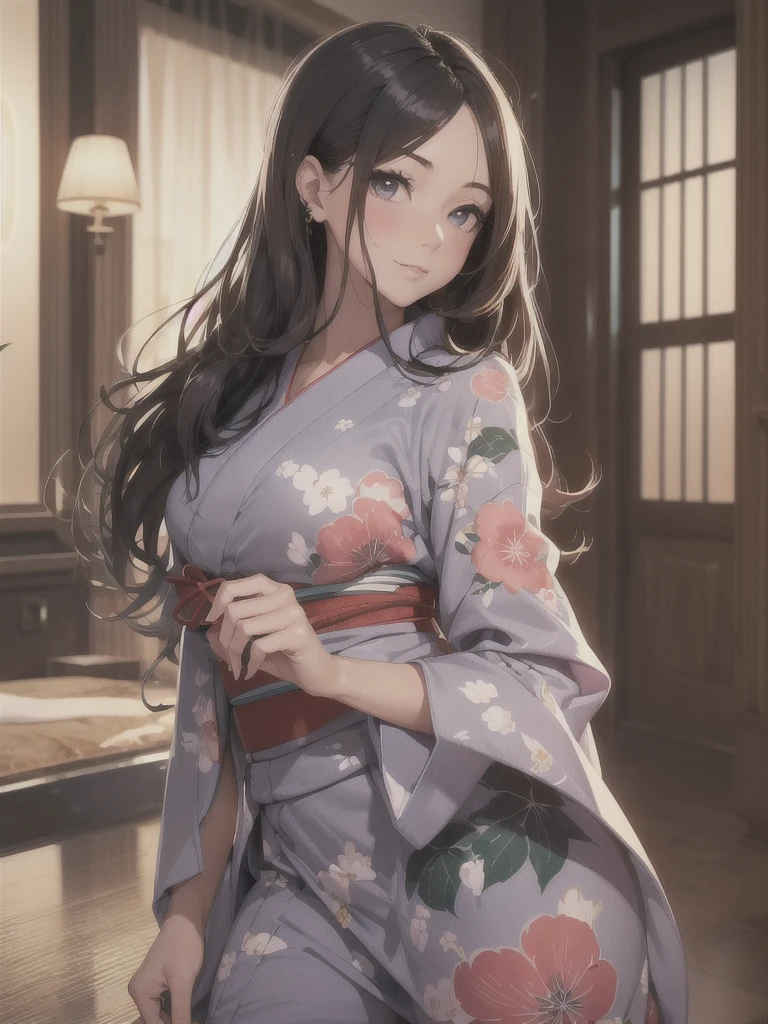 1 beautiful woman, seductive sexy, Alluring plumpness:1.3, Brunette, Straight-haired, pupils sparking, long upper eyelashes, (wearing yukata in hotel:1.5), Japanese-style rooms at the hotel, futon, seductive smile, light blush, ear blush, seductive expression, sexy tease, high quality chothing, beautiful and delicate chothing, super detail face, high detail and delicate eyes, ((accurate limbs)), ((correct finger)), (super textured skin), high quality background, award winning, masterpiece, anatomically correct, retina, highres, UHD, 16k, 8k