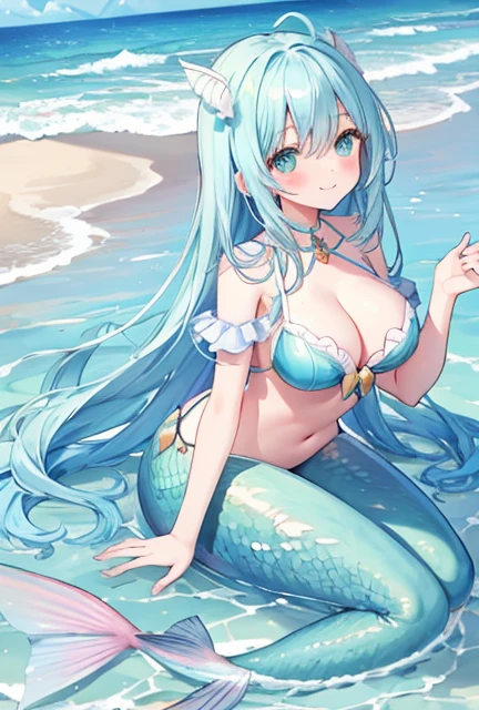 beautiful illustrations, highest quality, pretty girl, seaside、 pastel colour ,blue hair, green eyes、between legs、smile、blush、hands behind、mermaid、Fish fin、big breasts