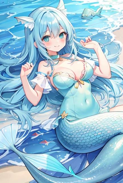 beautiful illustrations, highest quality, pretty girl, seaside、 pastel colour ,blue hair, green eyes、between legs、smile、blush、hands behind、mermaid、Fish fin、big breasts