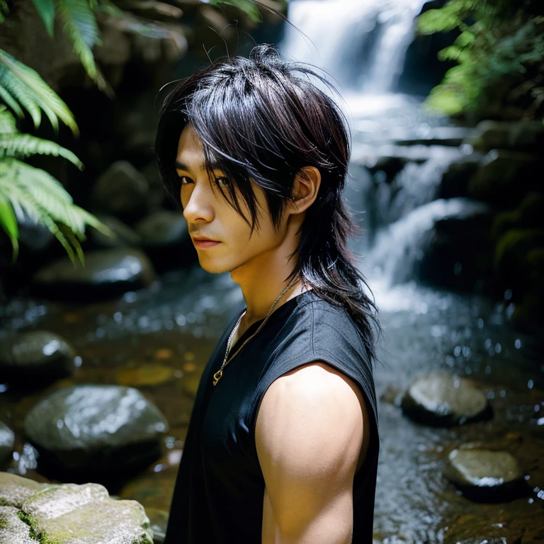 1 man, Japanese man, male, Asian eyes, muscular, broad shoulders, dragon,hairstyle Visual Kei style, hair Visual Kei, black men's shirt and black pants, ultra detailed face, hyperrealistic, realistic representation, 30 years old, ,age 30 years, Blonde hair, long hair, stands in front of a waterfall