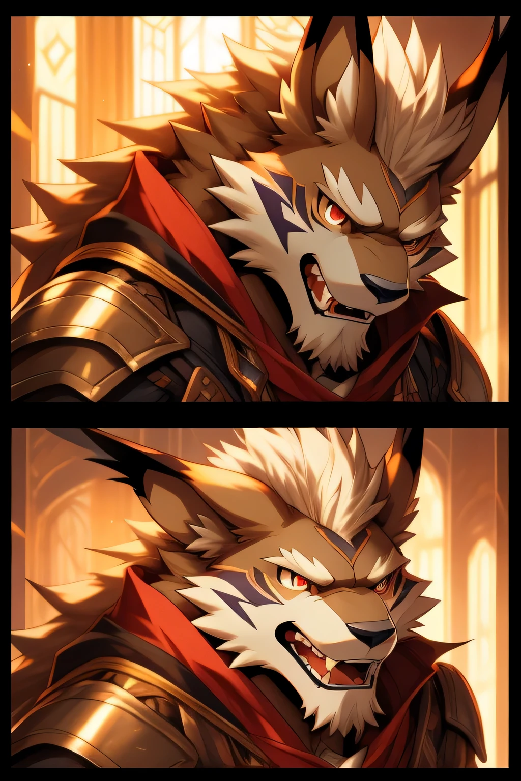 Two-dimensional Leomon orcs,Adult Leomon,The standard body of a Leomon,The highest appearance,Highest image quality,red color eyes,golden skin, fur, hair; white mane, Look to the right,Digimon, Leomon,mischievous smile, open mouth, white teeth, red tongue, best qualtiy,masterpiece,Textured skin,romanticism lain,Cinematic lighting effects,Ray traching,beautiful pupil,Diamond-shaped pupils,Eyes resolute,muscular male,one sword, Silas, Extremely detailed Artgerm, caleb from critical role, commission for high resolution, warwick saint, Artgerm on ArtStation Pixiv, nasus, casimir art, trends in art station, raziel irl, djinn human hybrid,Wear knightly armor,expression of a honest man