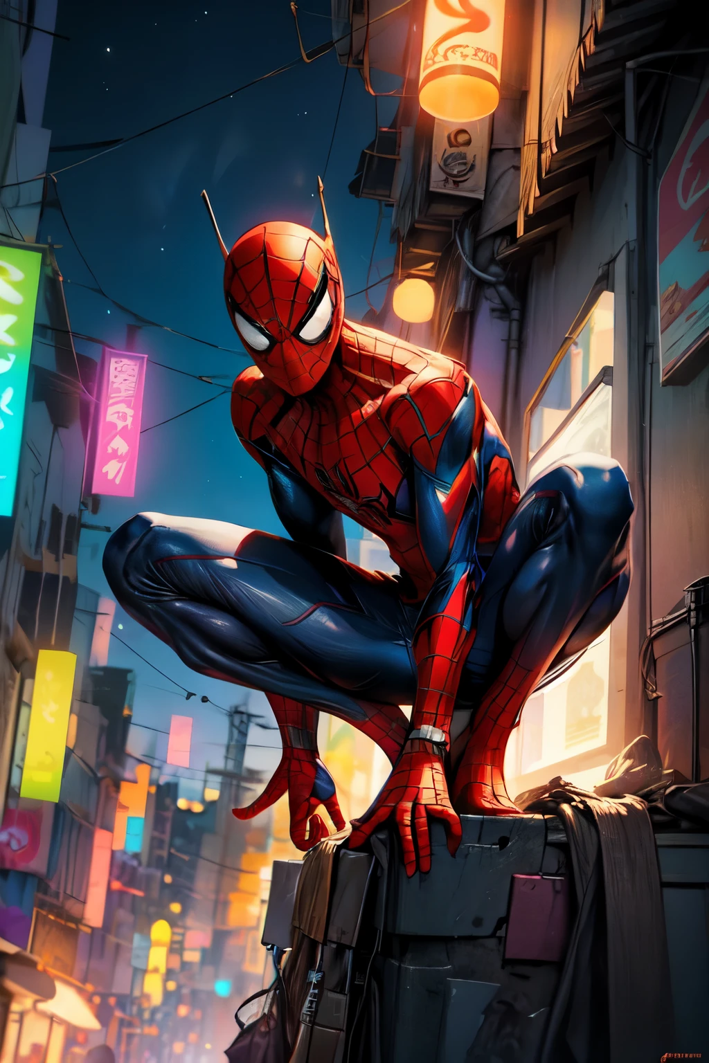 anime spiderman, cidade futurista luminosa, tonalidade frias, a noite