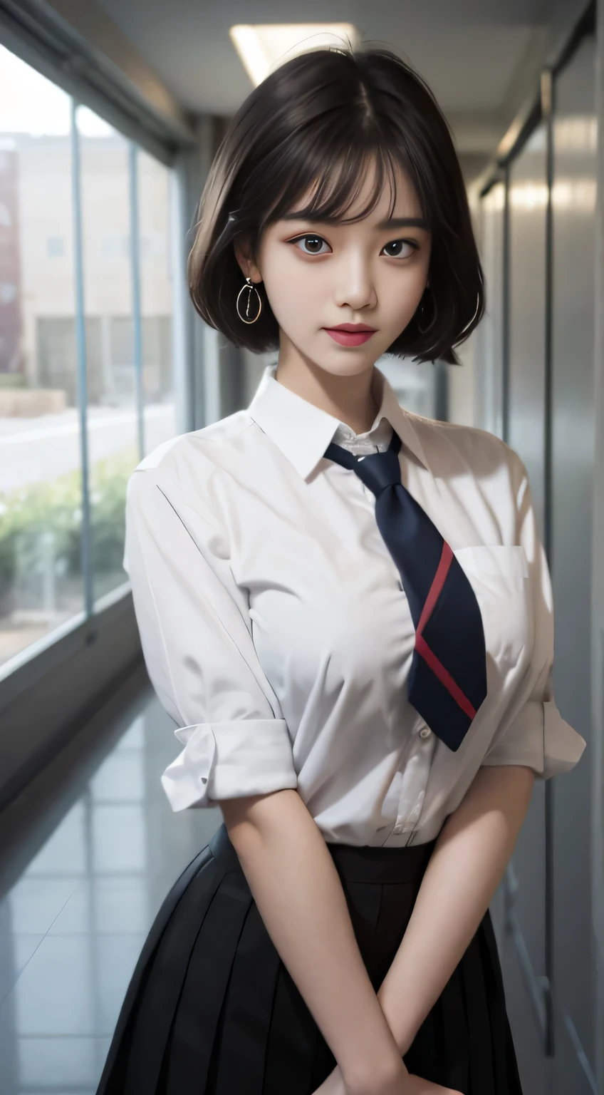 NSFW、(((Best Quality, masutepiece, Anatomically correct, Super Detail, 8K))), ((Photoreal:1.5, Photoreality:1.5、canon, F Cup、F/1.2, 135 mm, light light on the face:1.5, Japan gravure idols、beautfull Japanease woman、Balanced facial features、face perfect、age19、Cute woman with short hair hanging over her ears)), ((By the window of a café bathed in sunlight、Latte Drinking Beauty 1.5、Beautiful woman with cane on cheek))、((AKB48 Cosplay、Girls' High School Uniforms:1.5、Checked pleated skirt、Blue blouse with striped tie、Dark blue blazer))