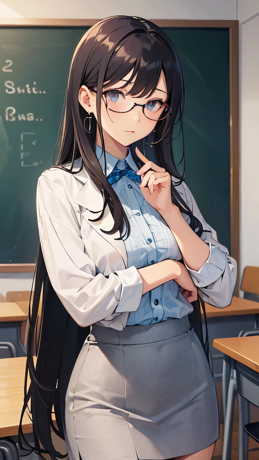 black hair, bangs, hair behind ear, very long hair, jewelry, earrings, masterpiece, textured skin, high details, best quality, Adult woman, high school teacher, wearing a jacket, dark blue suit, white blouse, black tight skirt, mature woman, good figure, standing alone in the classroom, in class, eyeglass, anime style