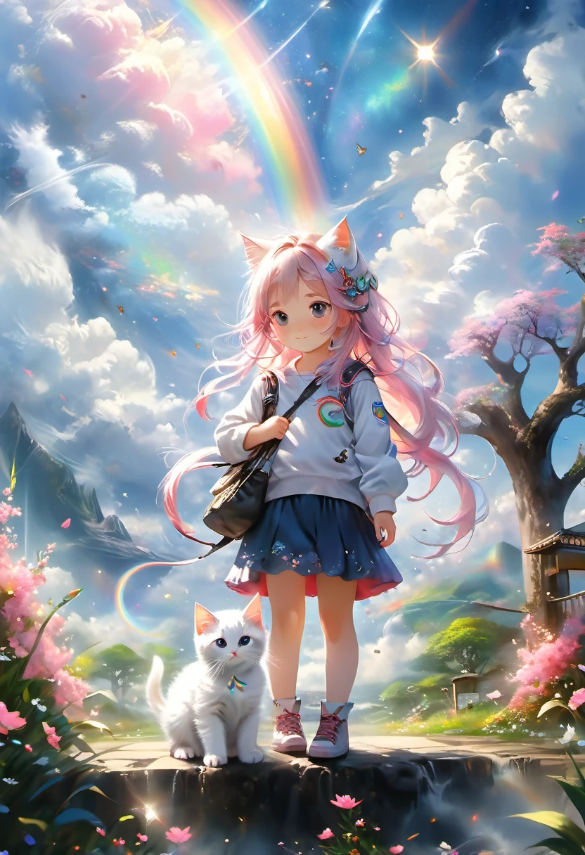 (8K、Raw photo、highest quality、look up:1.2、masterpiece:1.2、genuineistic、ultra high resolution、high contrast、photon mapping、genuine、Super detailed、official art, Raw photo、professional lighting、 light、Vivid atmosphere、twicelight), (1 girl), (full body figure), (Portrait of a Girl), (Young look),(Moist eyes), (beautiful face:1.3), (perfect proportions:1,2), (thin legs), (thin thighs), (long legs:1.2), (delicate), (height: 150cm), (15 years old) , (Fair skin、white skin: 1.5), (lightブラウンのポニーテール), (Pink Hair Fastening), (One white kitten), In the distance, I see a girl and a kitten cuddling together., The girl and her kitten blend into the landscape., The Creator、He called out to the docile creatures, the girl and the kitten, "Go outside、With all your might, ring the mighty gong of the world., and、The girl and the kitten follow orders、Escape from your safe hiding place、I headed to my favorite seed feeder.。Sneaking up to the nearest fruit bush、I nibbled on a bunch of seeds.。One of the seeds、With a slight tremor it fell onto small pebbles.、It rang out a roar that seemed like something from another world.。 A landscape painting of a girl and a kitten, Composition seen from a distance, beauty、harmony、Serenity、peace、Space High Fantasy Worldview, Beautiful depiction of grand composition and proportions, Guardian nebula of rainbow light and silvery vapor, Corrosive Encirclement Ray Family Color, slimy air feeling, The world shines with kindness and joy., A spectacular tale, beauty、harmony、Serenity、peace、Space High Fantasy Worldview, Beautiful depiction of grand composition and proportions, Guardian nebula of rainbow light and silvery vapor, Corrosive Encirclement Ray Family Color, slimy air feeling, The world shines with kindness and joy., A spectacular tale,
