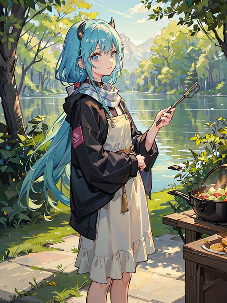A girl camping in a campsite with a picturesque scenery of nature. She has vibrant, shoulder-length hair with a two-tone color gradient. Her eyes are a mesmerizing shade of golden, with a sparkling effect that captures attention. She wears a stylish scarf around her neck and has adorned her ears with trendy ear piercings. Additionally, she has small yet noticeable horns on her head, adding a touch of fantasy to her appearance.
In the background, beautiful kikyou flowers bloom, adding a pop of color to the serene campsite setting. The campsite is equipped with a cozy camping car, providing all the necessary comforts. The atmosphere is filled with the fragrance of cherry blossoms, aptly marking the arrival of spring.
The girl is actively engaged in cooking, preparing a delicious meal using fresh ingredients. She skillfully uses a frying pan and a pot to create mouthwatering dishes. The aroma of toasting bread fills the air, enhancing the pleasant ambience.
As the campsite is located near a serene river, the soothing sound of flowing water can be heard in the background. Tall, majestic trees surround the campsite, providing a sense of tranquility. The sky is clear, with a warm glow of sunlight illuminating the scene.
This artistic masterpiece prompt portrays the girl enjoying a delightful camping experience, showcasing her passion for cooking amidst a serene natural setting.