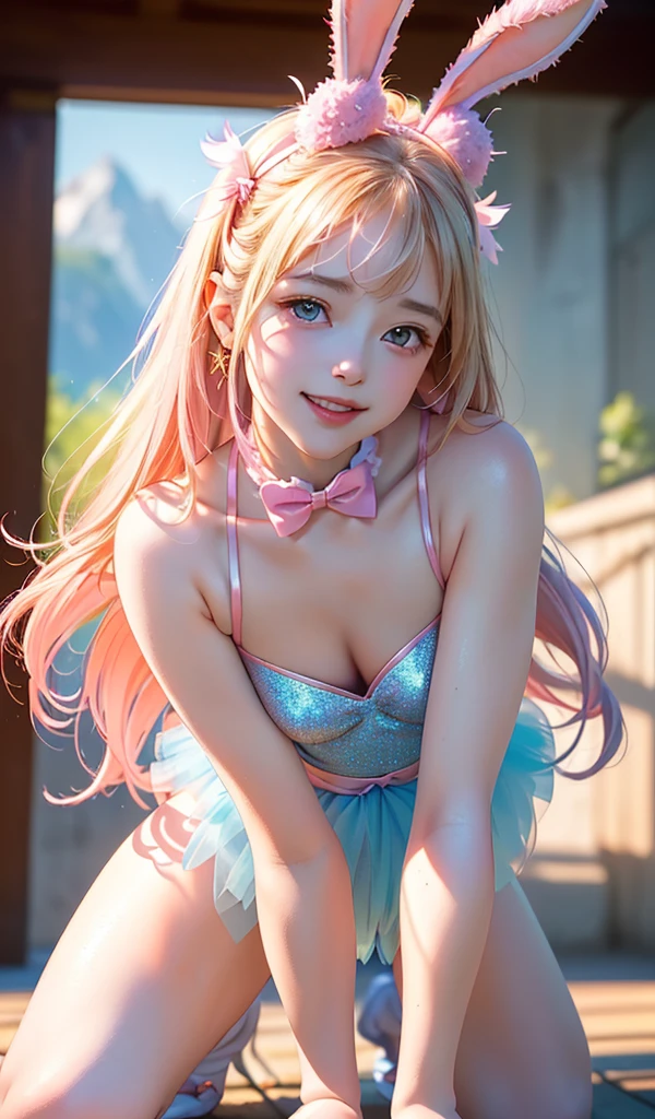 masterpiece, best quality, extremely detailed CG unity 8k wallpaper, (Upper Body head close-up shot of a beautiful ***********), , Elegant Long straight blonde hair, (Mckenna Grace), ((flat chest,thighs)), ((pink-blue)) golden ((Glittering tutu,long Bunny Ear Headgear, , Bow-tie, )), ((Kneel,all fours,from below)), (Blush), oil skin, (seductive smile), (Wonderland), pretty face, key art, award winning, intricate detail realism hdr, by (ruan jia and artgerm and range murata), Photorealism, Hyperrealism, ultra realistic, dramatic light, intense shadows, gorgeous view, depth of field
 
