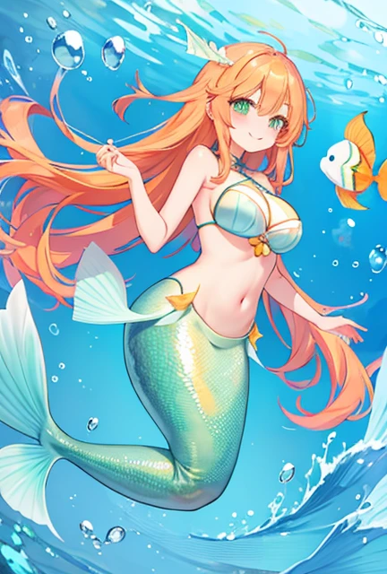 beautiful illustrations, highest quality, pretty girl, seaside、 pastel colour ,orange hair, green eyes、between legs、smile、blush、hands behind、mermaid、Fish fin、big breasts