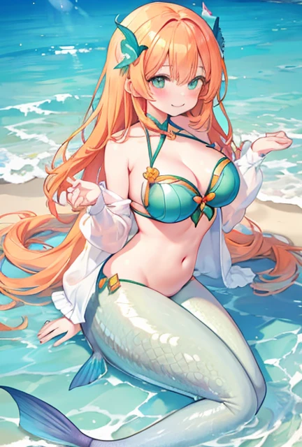beautiful illustrations, highest quality, pretty girl, seaside、 pastel colour ,orange hair, green eyes、between legs、smile、blush、hands behind、mermaid、Fish fin、big breasts