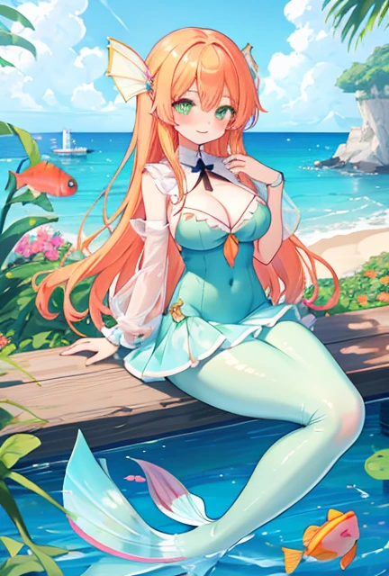 beautiful illustrations, highest quality, pretty girl, seaside、 pastel colour ,orange hair, green eyes、between legs、smile、blush、hands behind、mermaid、Fish fin、big breasts