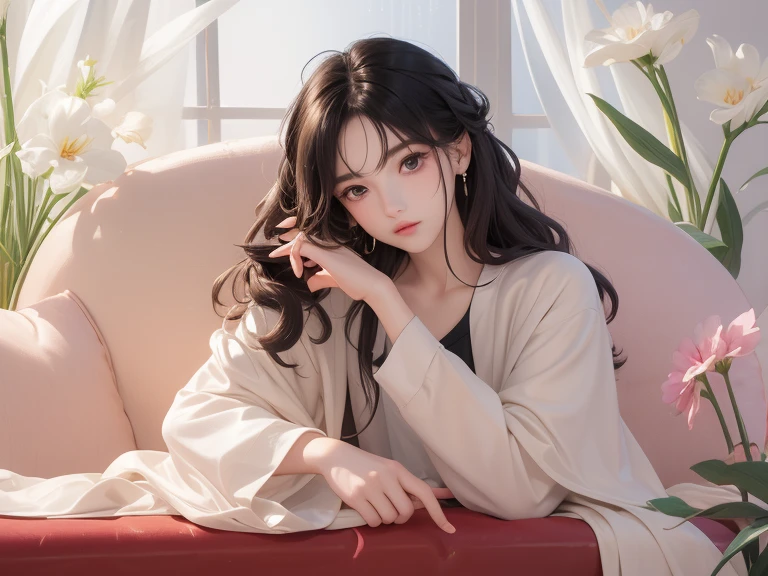 A 16-year-old boy,Lying on a couch。His hair is very long,Soft facial features and slender figure。They usually have pretty faces.,Big eyes and a high nose。Their lips may have a soft curve.,Gives a gentle feeling。Neat and layered hairstyle。You might consider giving them a flowing hairstyle,Or some hairstyles with natural curls or volume。 in addition,The clothing of beautiful boys is also an important part of shaping their image.。You can choose some stylish and simple clothes,Or some combinations that show their unique personality。Choose some soft and warm tones in color,For example, pink、Light blue or beige。