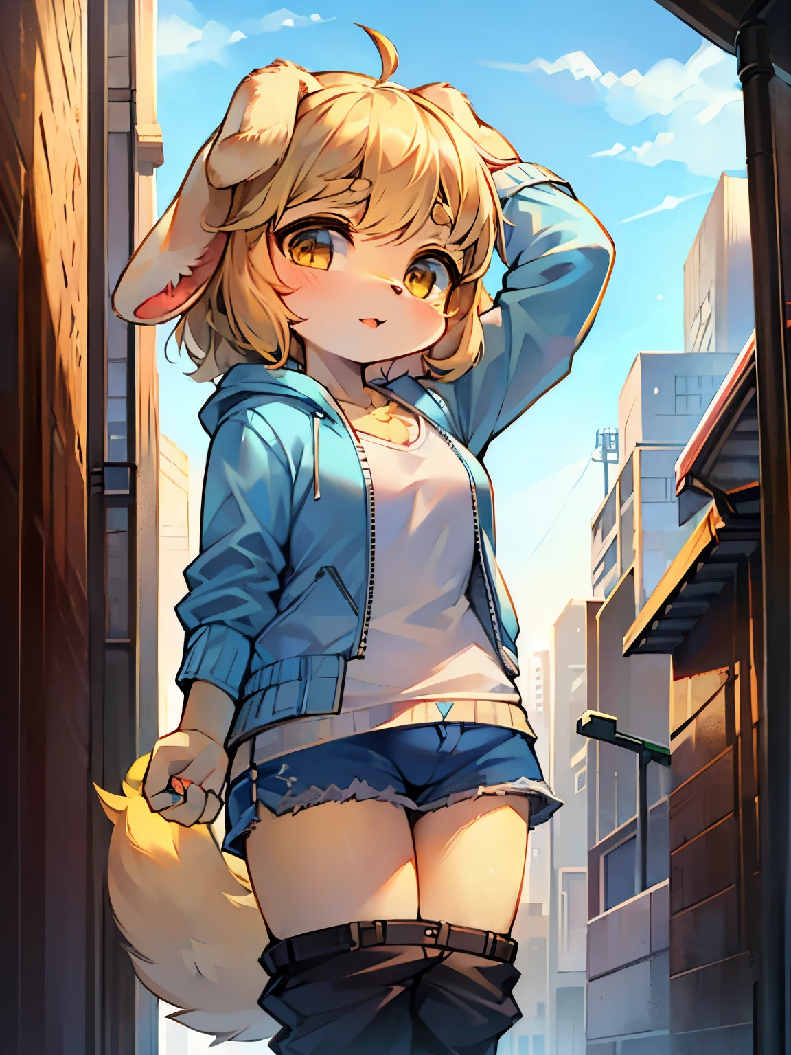 It's sunny outside,dog girl,Lop-eared dog,Female focus,hairy woman,Acting cute,short and small,Characteristics of a three-year-old girl,yellow skin,Blue short sleeve with white jacket,shorts,city bright background