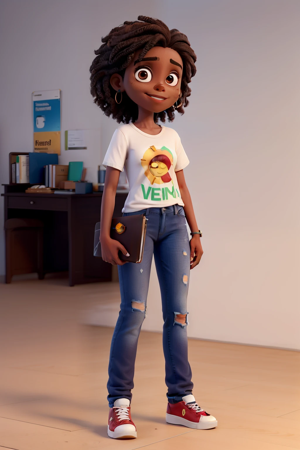Jovem parda, medium dark brown hair, olhos castanhos, vestindo jeans e blusa preta, with notebook in hands, como emojis ao fundo, e cores neon