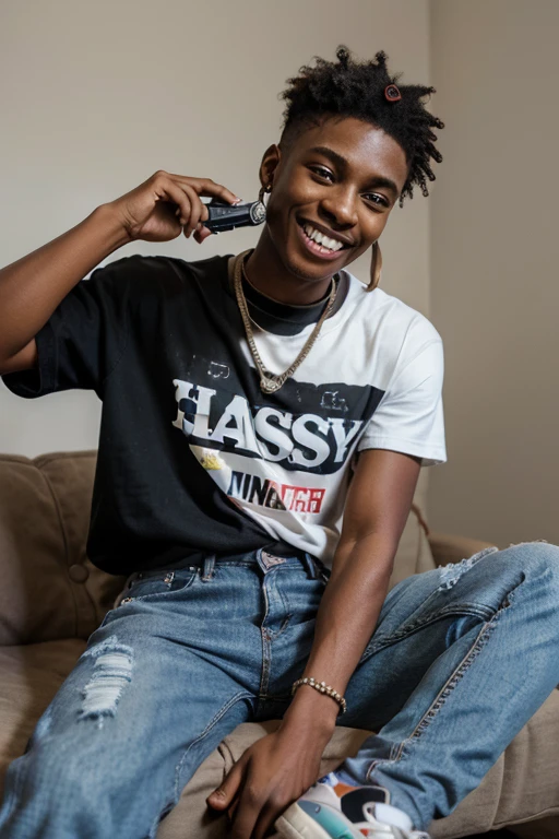 18 year old black anime boy smilling with a gap in his teeth that look like a vampire's in Los Angeles while holding a gun next to his face with nappy hair and Nipssey Hustle T Shirt and a diamond watch with a thick tornado chain on his chest and denim jeans and wearing Jordan sneakers and has a thick slash scar in his right eye