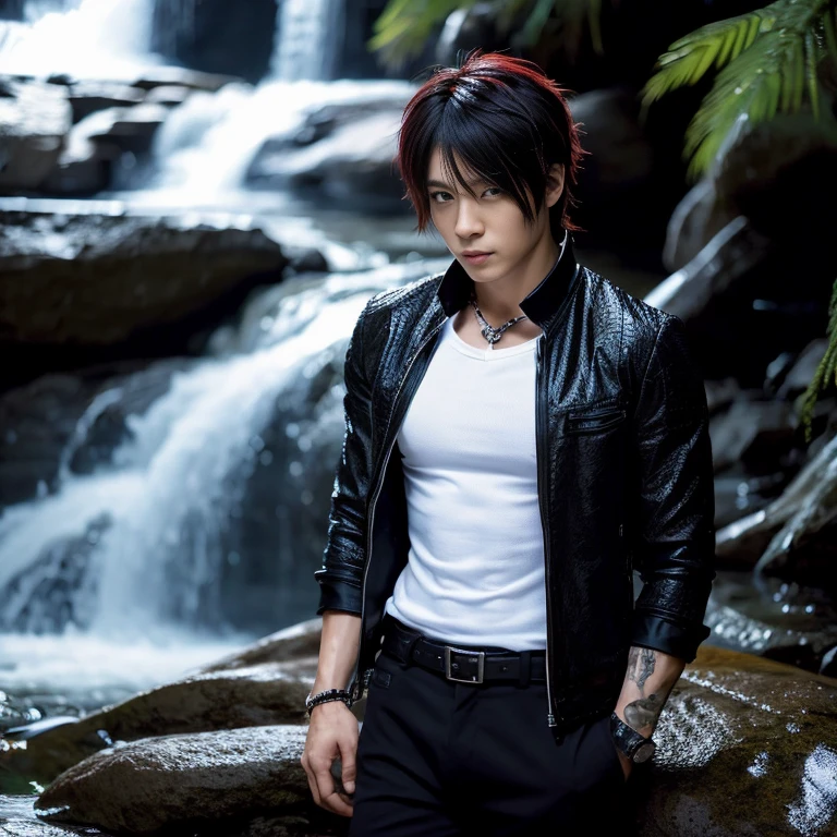 1 man, Japanese man, male, Asian eyes, muscular, broad shoulders, dragon,hairstyle Visual Kei style, hair Visual Kei, black men's shirt and black pants, ultra detailed face, hyperrealistic, realistic representation, 30 years old, ,age 30 years, Blonde hair, long hair, stands in front of a waterfall