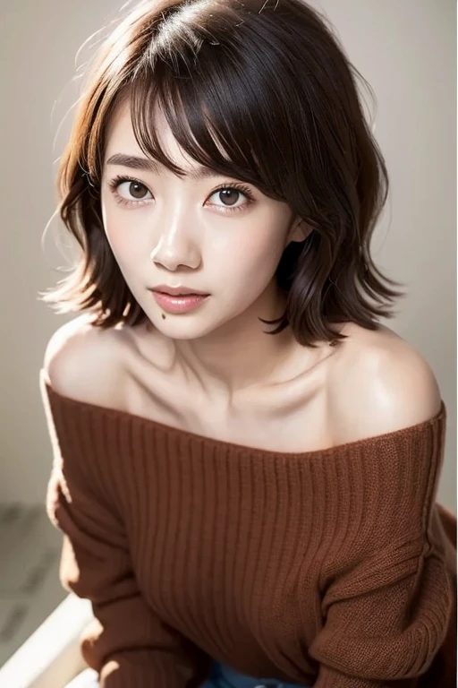 (masterpiece:1.3), (8k, Photorealistic, Raw photo, Best image quality: 1.4), Japanese 、(Random Hairstyles:1.2)、Cleavage:1.2、Super detailed face、Attention to detail、double eyelid、Put your chest together、Sharp focus:1.2、Beautiful woman:1.4、Light brown hair、highest quality、masterpiece、超A high resolution、(Photorealistic:1.4)、Highly detailed and professionally lit smile、Loose, lightweight knitwear、Shoulders out、thin、Serious expression、Short-haired、Deadly position