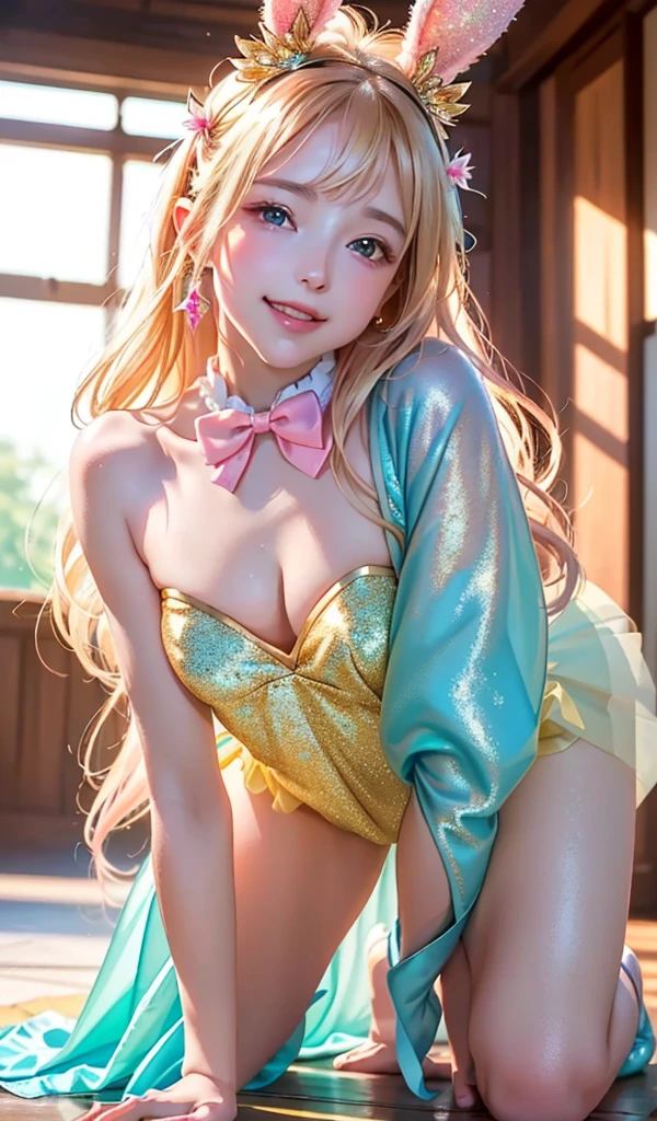 masterpiece, best quality, extremely detailed CG unity 8k wallpaper, (Upper Body head close-up shot of a beautiful little girl), , Elegant Long straight blonde hair, (Mckenna Grace), (flat chest,thighs), (pink-Cyan) golden (Glittering tutu,long Bunny Ear Headgear, , Bow-tie, ), (Kneel,all fours,from below), (Blush), oil skin, (seductive smile), (Wonderland), pretty face, key art, award winning, intricate detail realism hdr, by (ruan jia and artgerm and range murata), Photorealism, Hyperrealism, ultra realistic, dramatic light, intense shadows, gorgeous view, depth of field