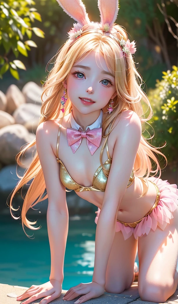 masterpiece, best quality, extremely detailed CG unity 8k wallpaper, (Upper Body head close-up shot of a beautiful girl), , Elegant Long straight blonde hair, (Mckenna Grace), (flat chest,thighs), (pink-Cyan) golden (Glittering tutu,long Bunny Ear Headgear, , Bow-tie, ), (Kneel,all fours,from below), (Blush), oil skin, (seductive smile), (Wonderland), pretty face, key art, award winning, intricate detail realism hdr, by (ruan jia and artgerm and range murata), Photorealism, Hyperrealism, ultra realistic, dramatic light, intense shadows, gorgeous view, depth of field