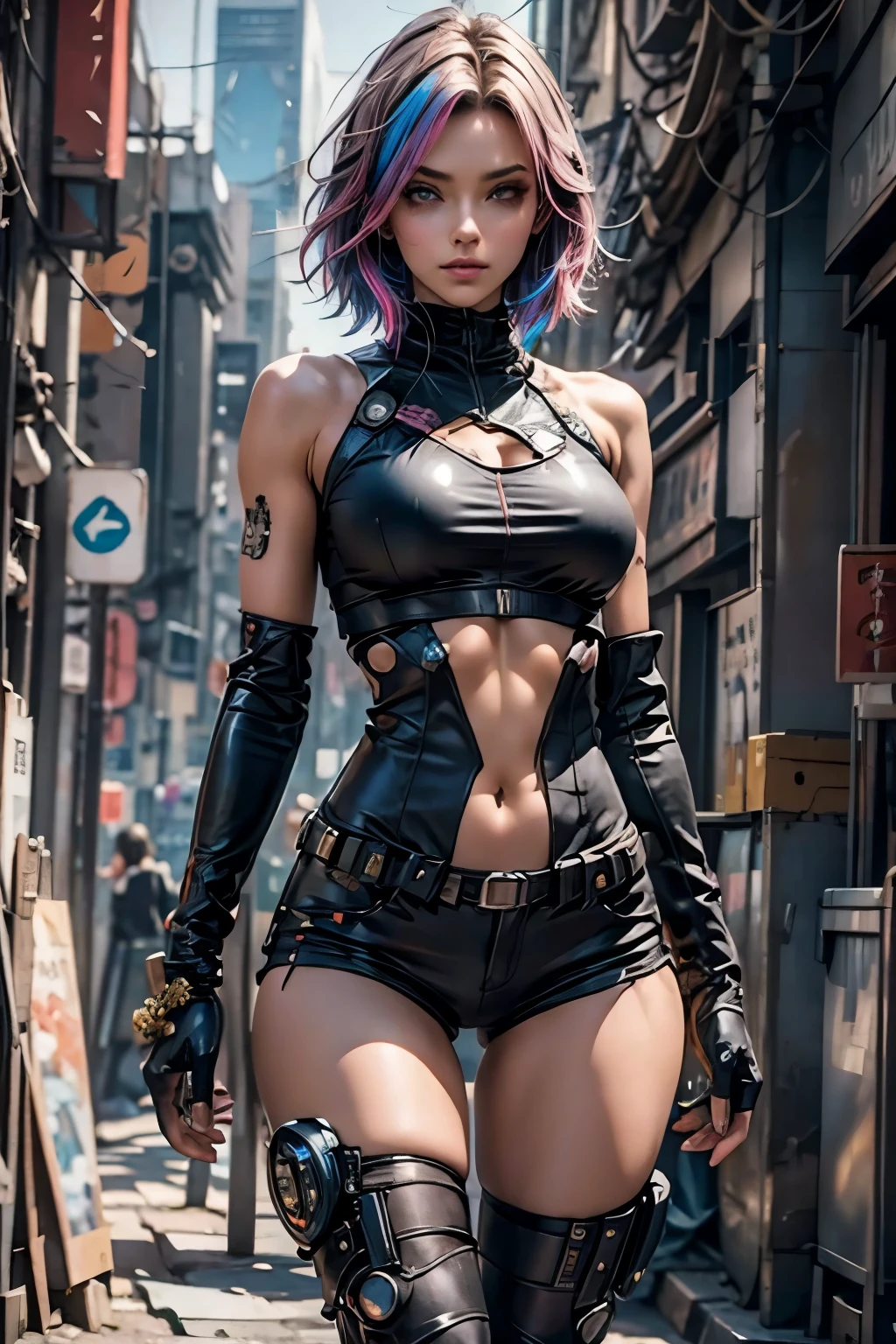 (extremely detailed CG unity 8k wallpaper), (ultra-detailed), masterpiece, best quality, lucy (cyberpunk), bodysuit, solo, breasts, cyberpunk city, multicolored hair, short hair, looking at viewer, medium breasts, black bodysuit, grey eyes, hip vent, clothing cutout, thigh gap, covered navel, white jacket, bare shoulders, short shorts, couch,