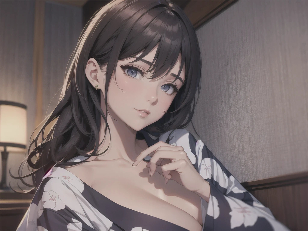 1 beautiful woman, seductive sexy, Alluring plumpness:1.3, Brunette, Straight-haired, pupils sparking, long upper eyelashes, (wearing yukata in hotel:1.5), Japanese-style rooms at the hotel, futon, seductive smile, light blush, ear blush, seductive expression, sexy tease, high quality chothing, beautiful and delicate chothing, super detail face, high detail and delicate eyes, ((accurate limbs)), ((correct finger)), (super textured skin), high quality background, award winning, masterpiece, anatomically correct, retina, highres, UHD, 16k, 8k